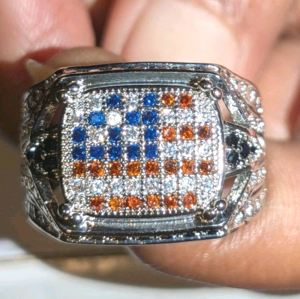 Retro Patriotic Men's Geometric Zircon Antique Ring Sz 9